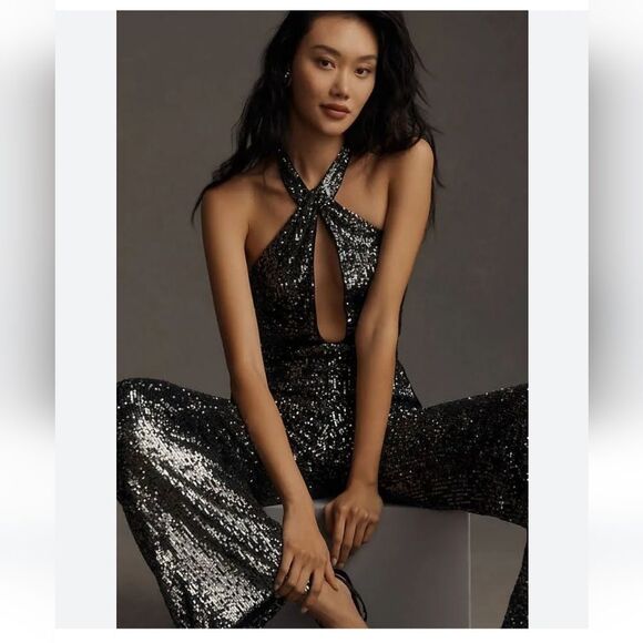 Maeve Sequin Halter Cutout Sexy Stretchy Jumpsuit Black Silver Women's Size 6 - Picture 5 of 16